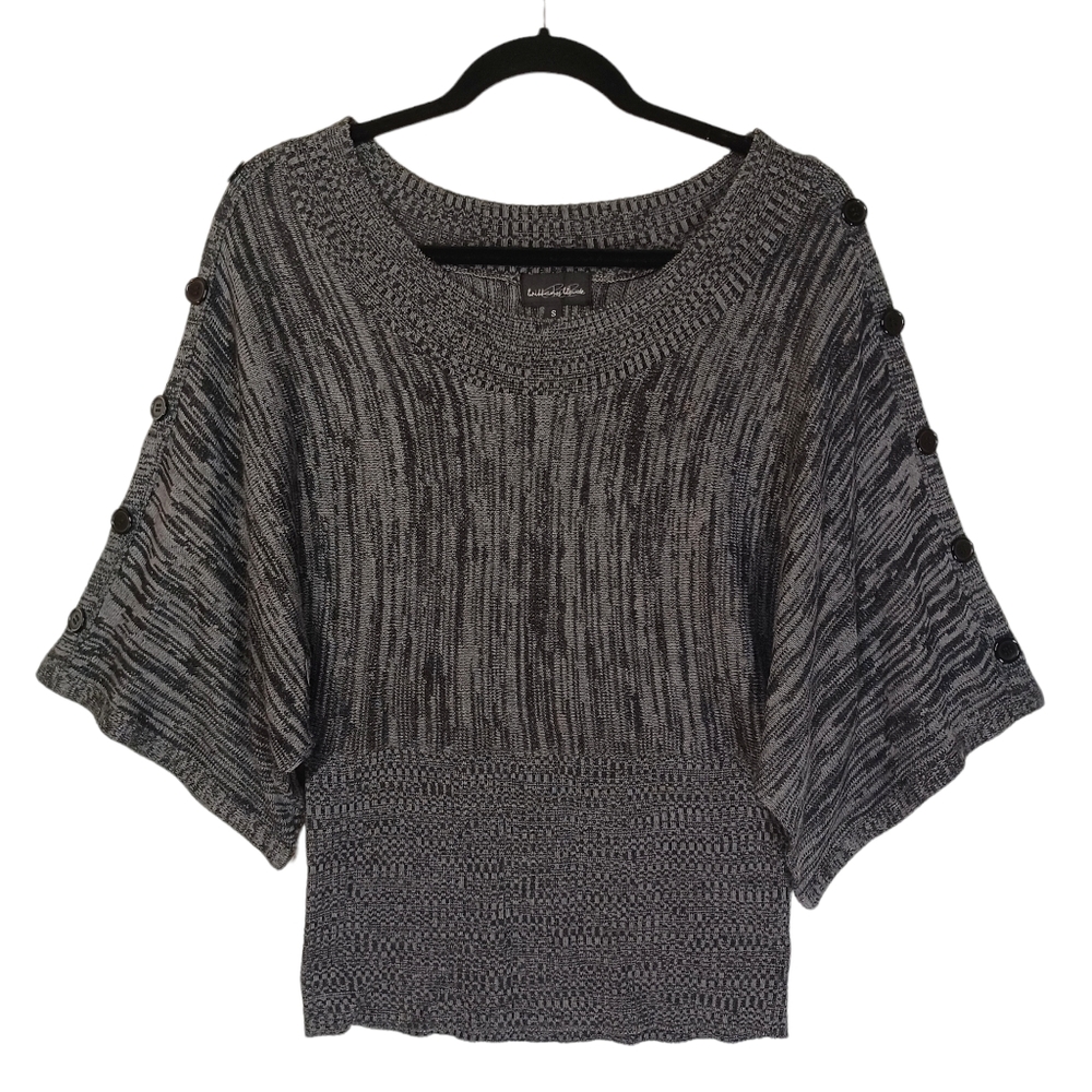 BRITTANY BLACK  Gray Black Marled Knit Print Button Wide Sleeve Top Small